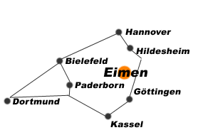 Eimen liegt ca. 10km westlich von Einbeck und zwar direkt an der B64 zwischen Eschershausen und Bad Gandersheim